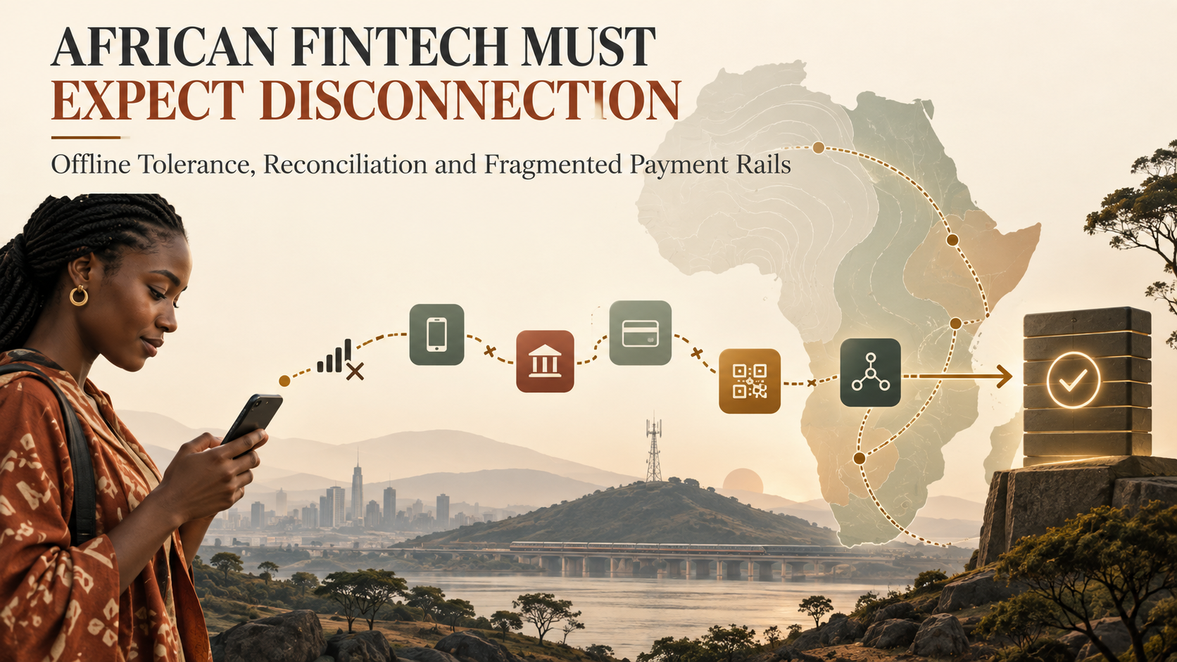 Editorial African fintech flow connecting a mobile device across intermittent networks and multiple payment rails to a reconciliation ledger