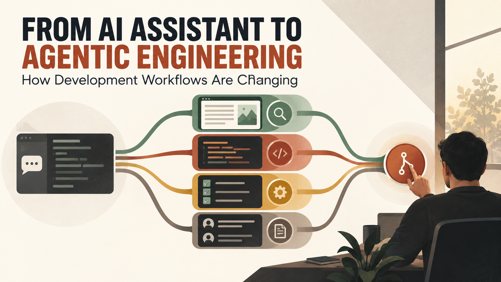Editorial development workflow showing one AI assistant evolving into coordinated research, coding, testing and review workstreams