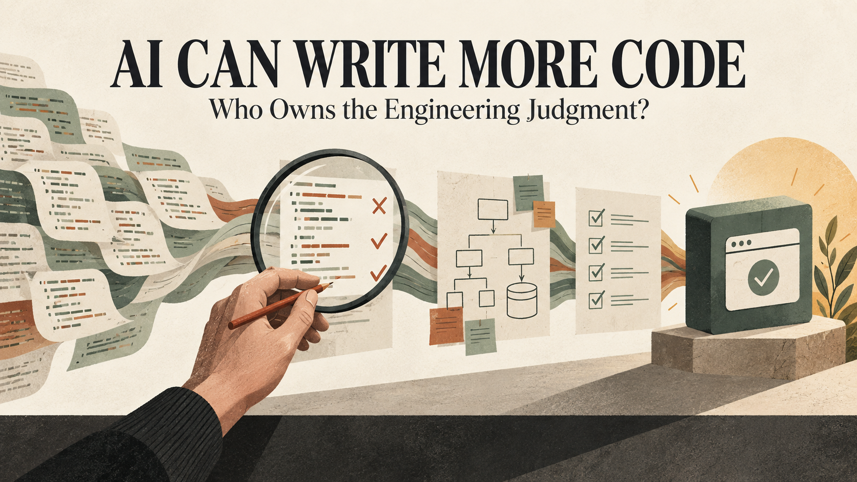 Editorial illustration of AI-generated code passing through human architecture, review and testing decisions