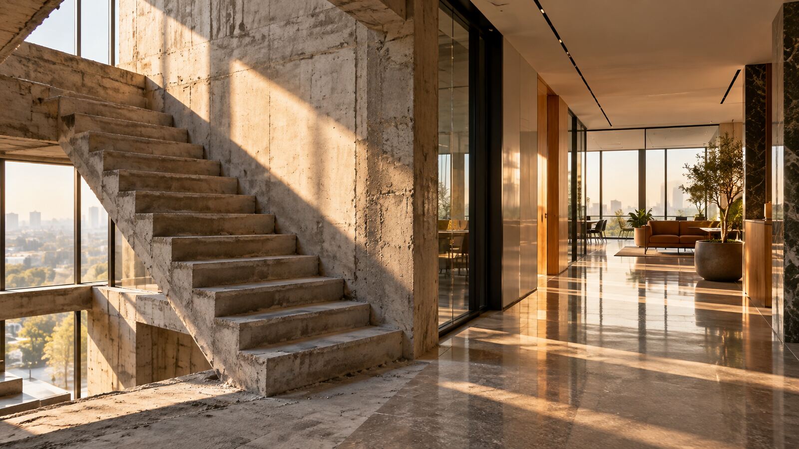 Unfinished concrete staircase beside a polished sunlit corridor