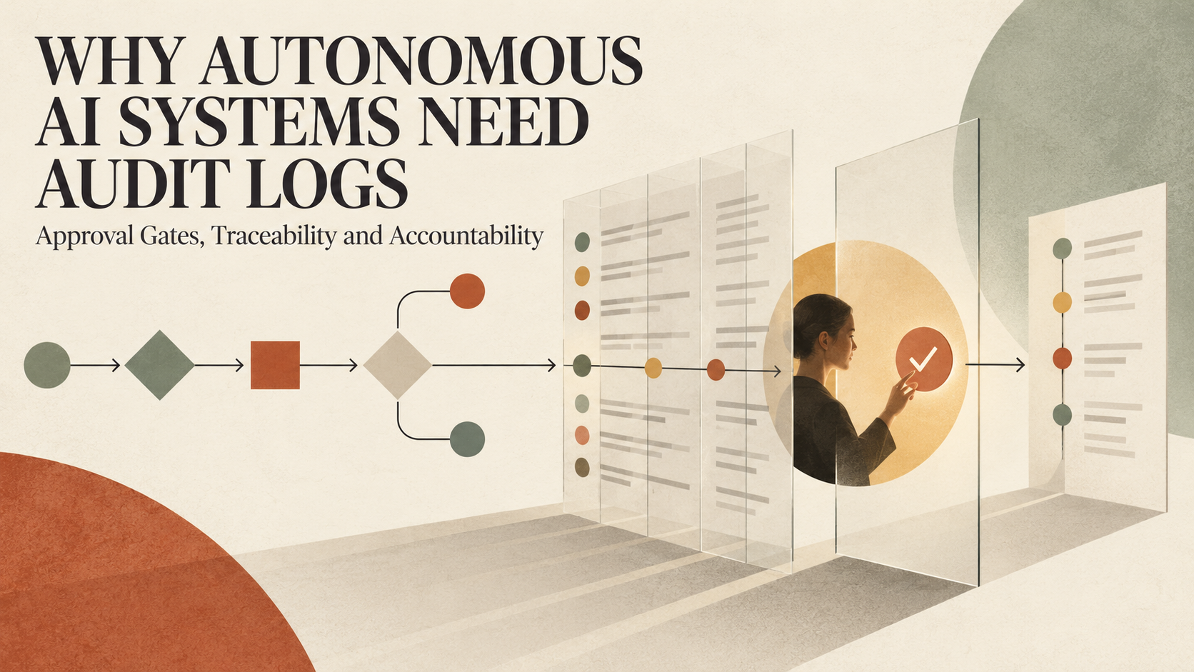 Editorial workflow showing an autonomous AI system passing through an audit trail and a human approval gate