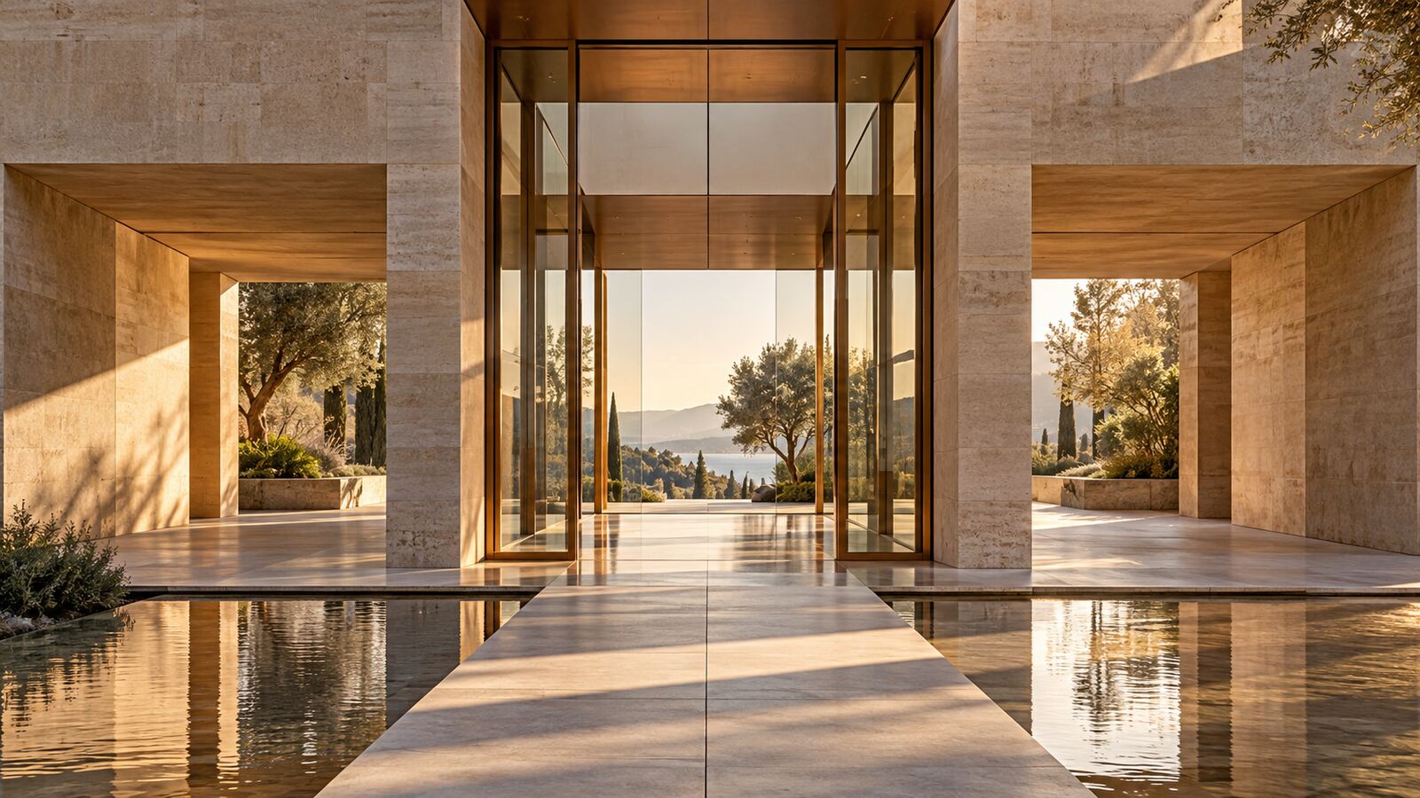 Glazed doorway and connected stone passageways in a contemporary building