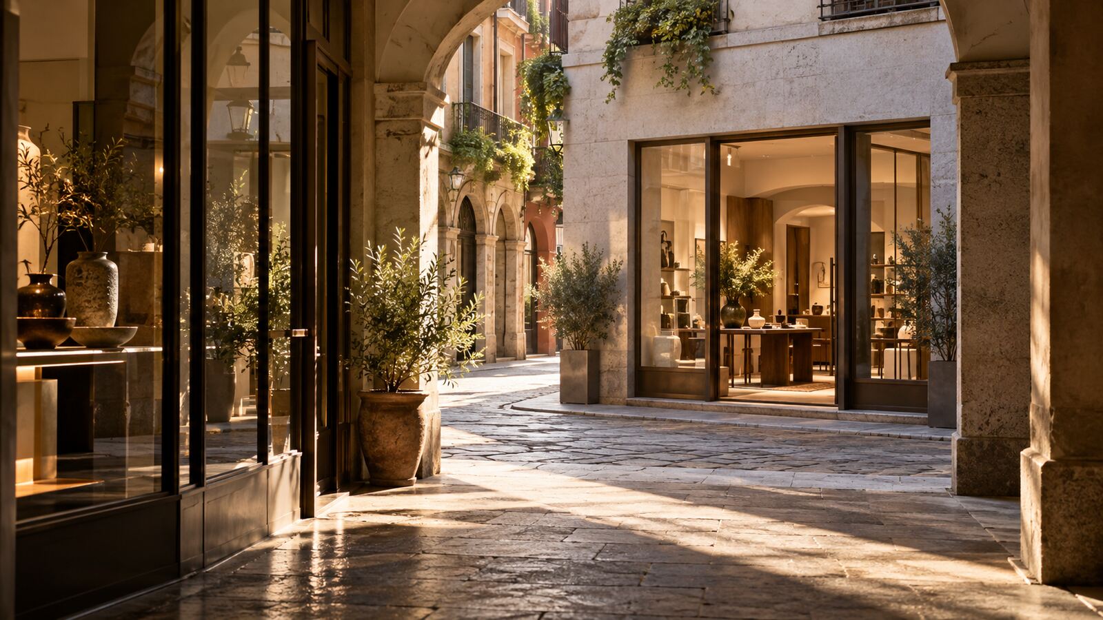 Warm stone arcade leading toward a contemporary storefront and open doorway