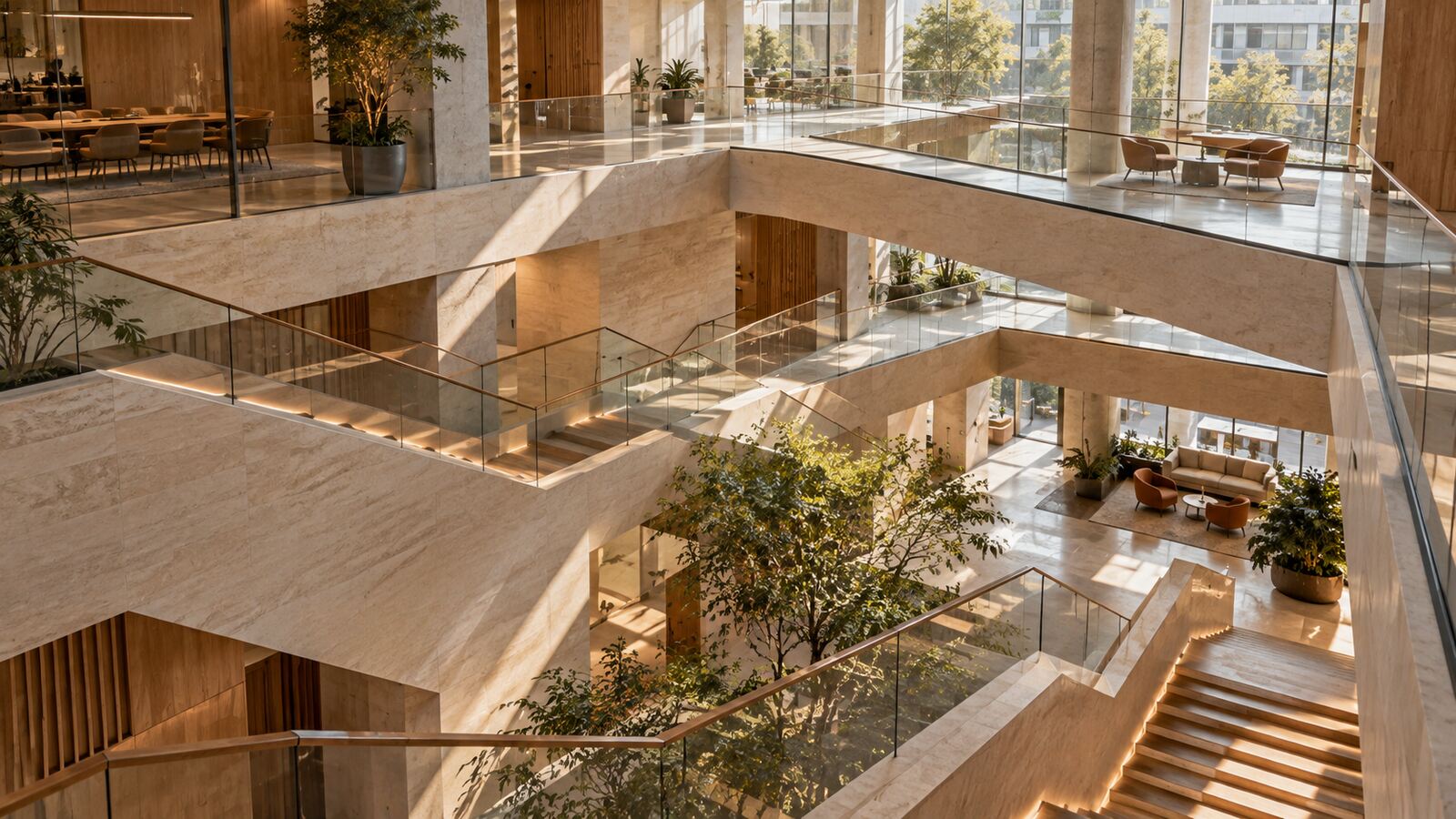 Intersecting walkways and staircases across a warm stone office atrium