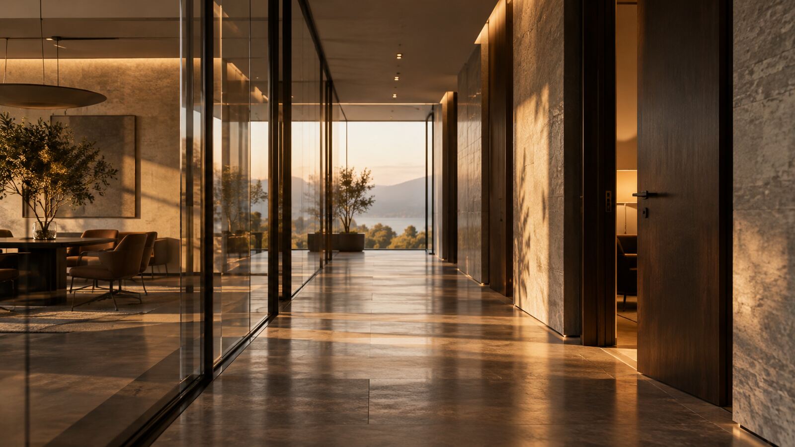Layered reflections and a partially open door in a warm contemporary office corridor
