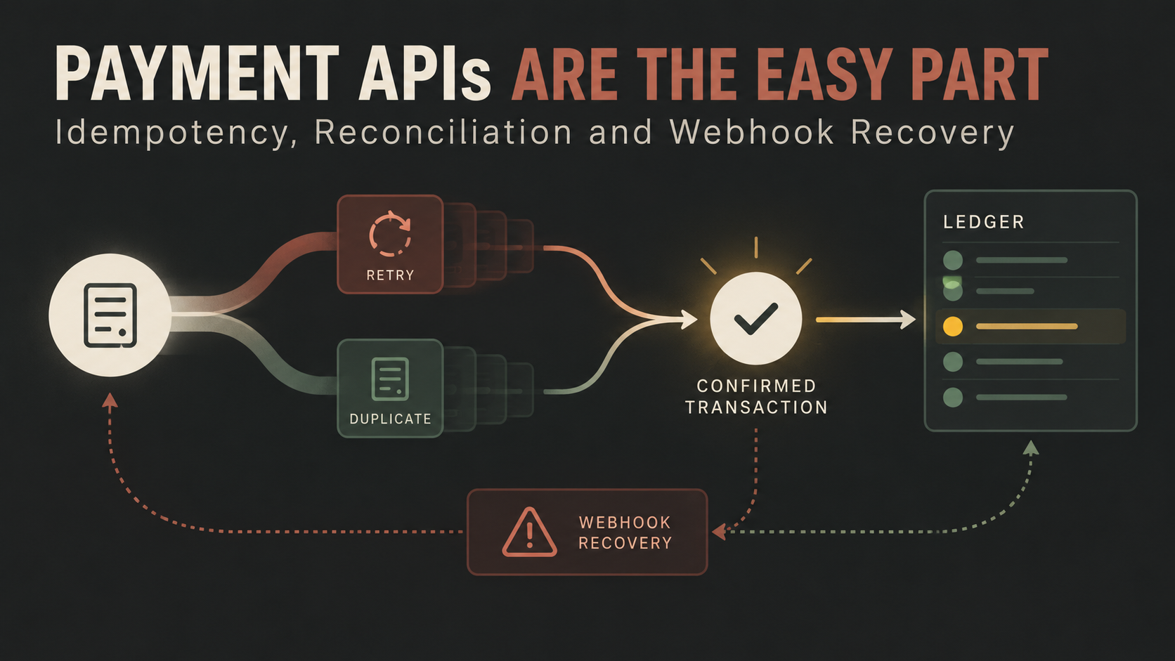 Editorial payment flow showing retries and duplicate requests resolving into one reconciled transaction