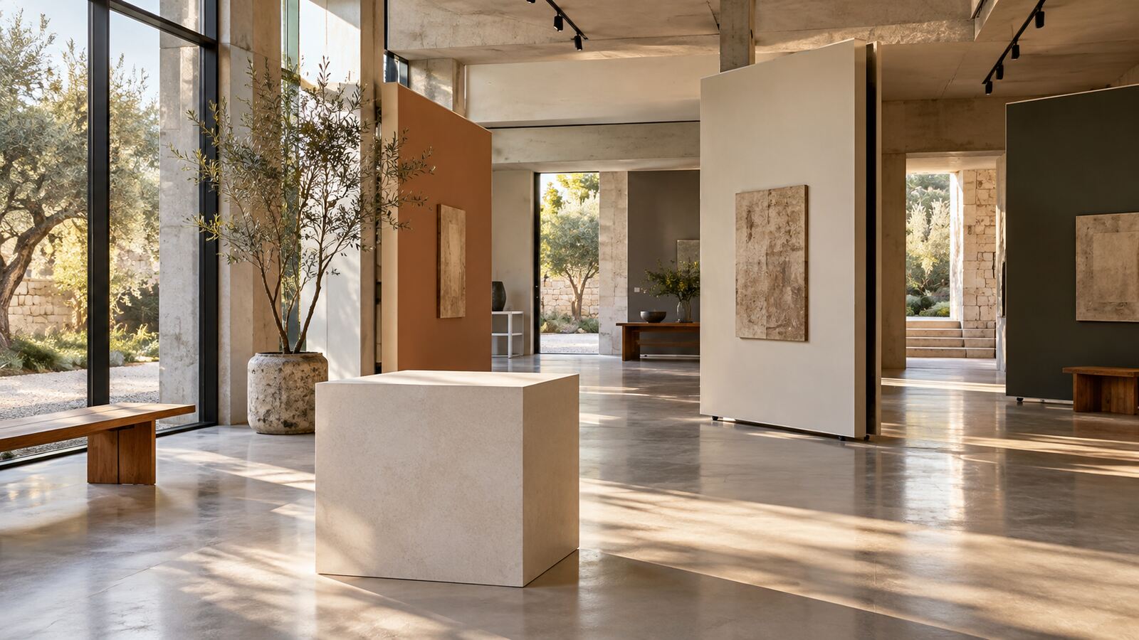 Open architectural gallery with movable partitions and an unoccupied central plinth