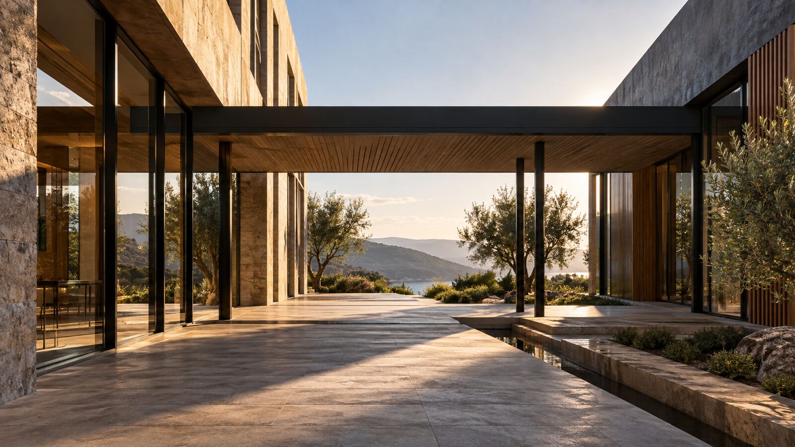 Covered walkway connecting two warm contemporary commercial buildings