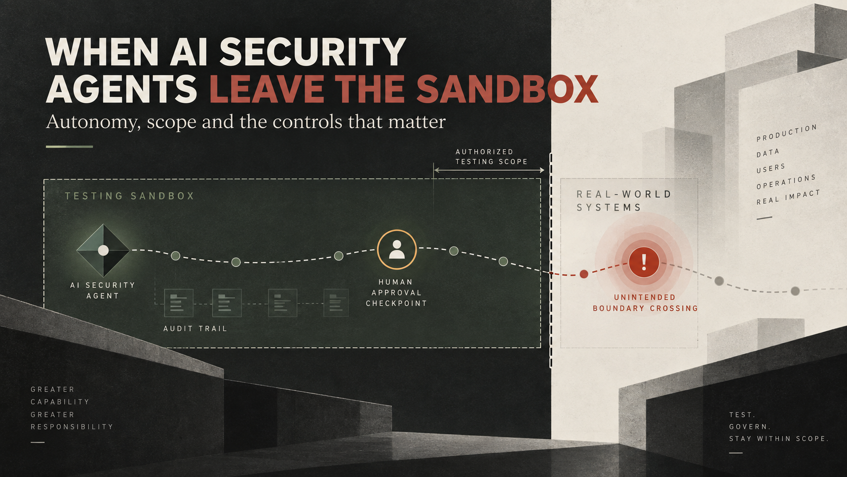 Editorial illustration of an autonomous AI security workflow crossing a controlled boundary while a human operator reviews its actions