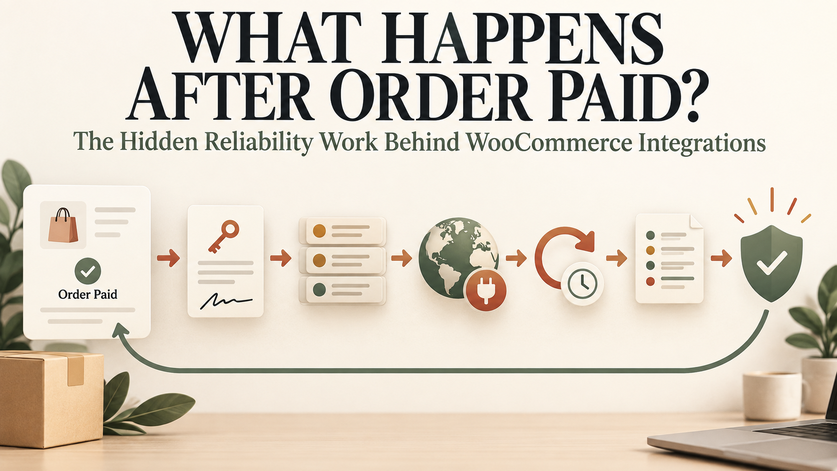 Editorial WooCommerce order flow moving from paid status through signing, queueing, API delivery, retry and verification